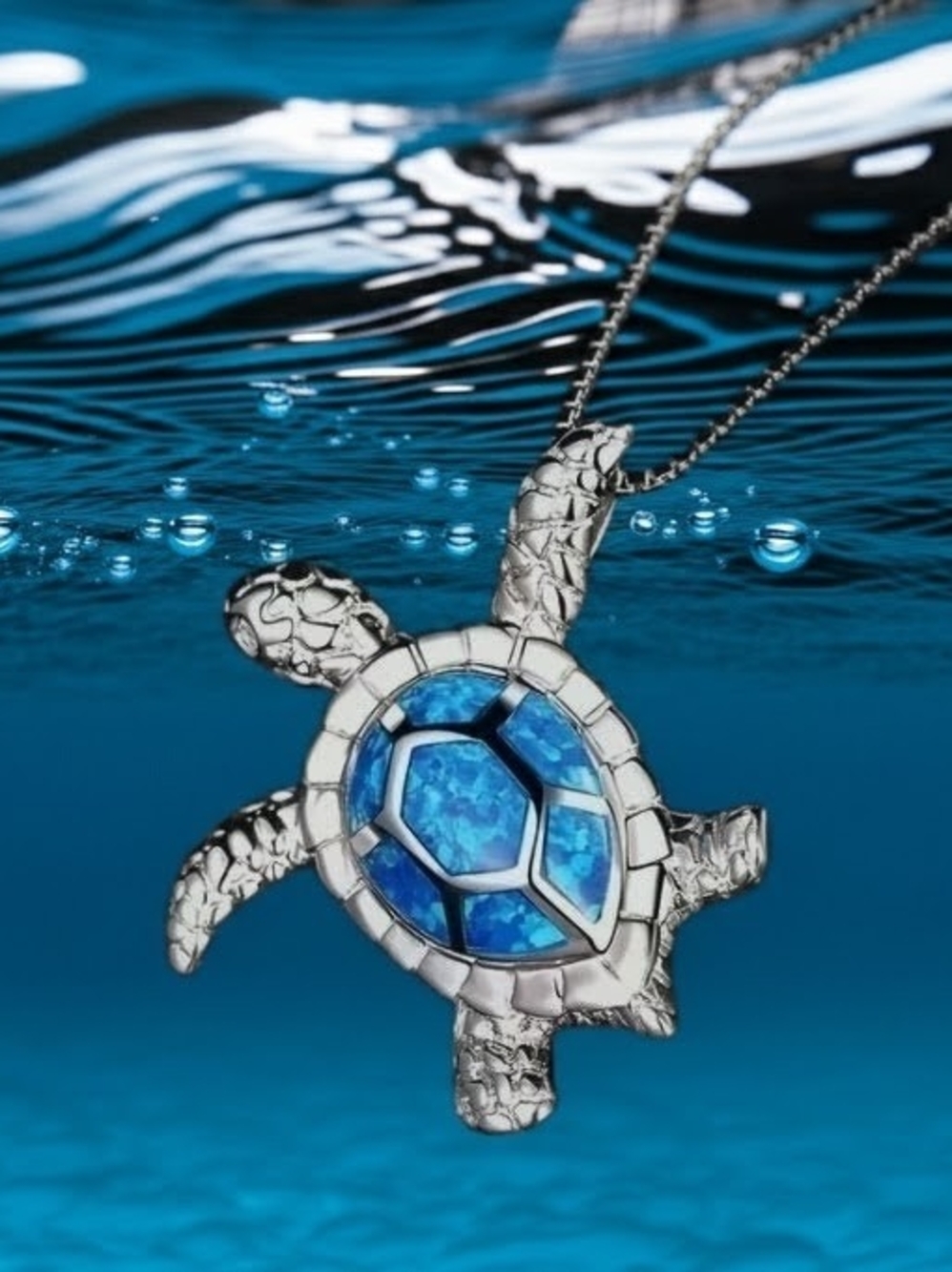 Blue And Silver Sea Turtle Pendant Necklace New